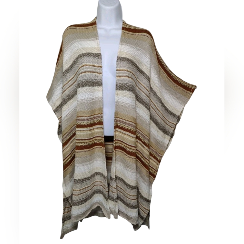 RD Style Mixed Yarn Brown Striped Kimono Boho Long Line Open Cardigan M NWT